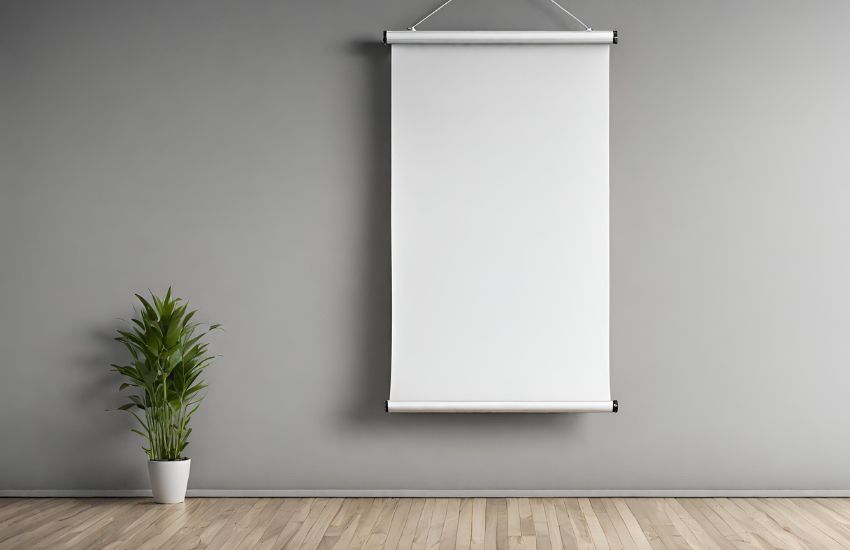 Photo d'un kakemono publicitaire vierge suspendu à un mur